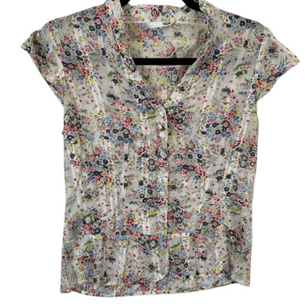H&M Floral Blouse‎ Button Front Cap Sleeve Pintucks Size Small